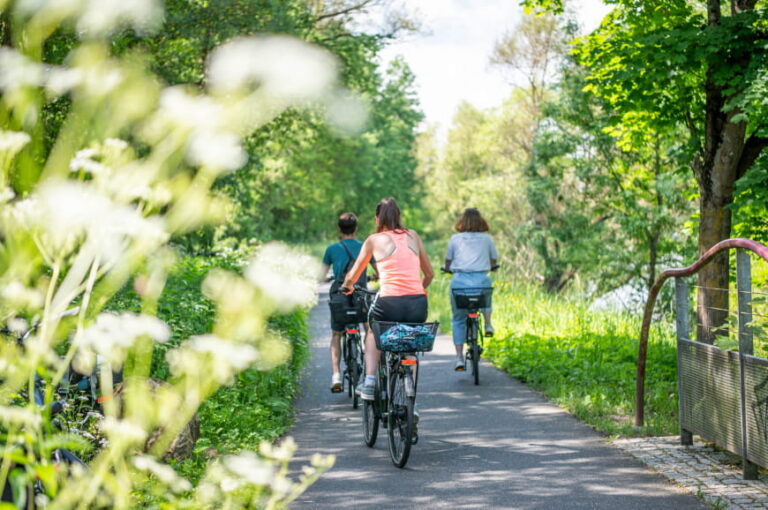petit groupe de personne qui se balade sur une piste cyclable dans la nature