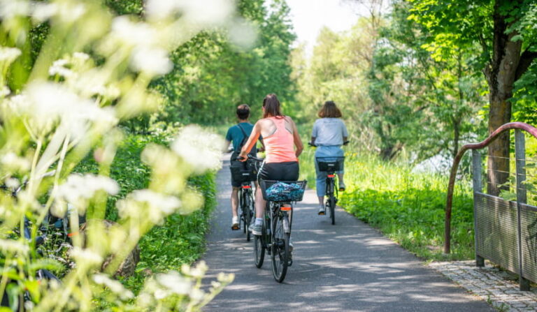 a small group of people riding along a cycle path in the countryside