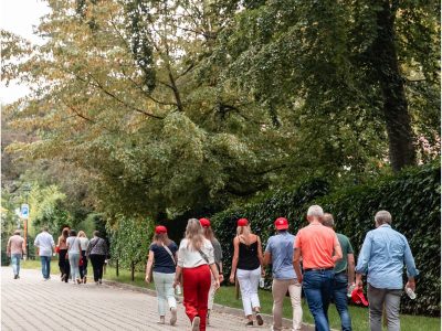 people walking on a path during an interactive outdoor activity